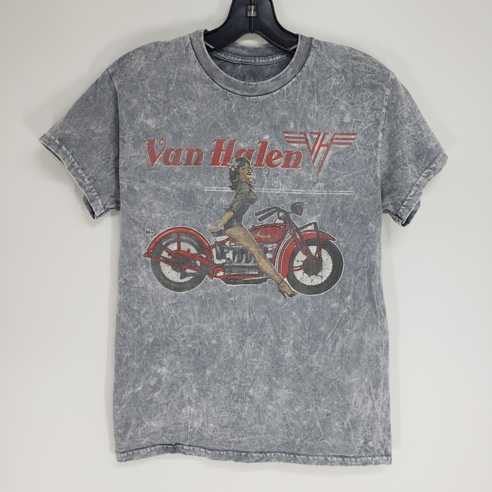Van Halen Acid Wash Band T Shirt Women S Gray Pinup Girl Motorcycle Graphic Rock